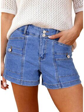 Women's Dusk Blue High Waisted Stretchy Shorts Double Button Denim Jean Shorts